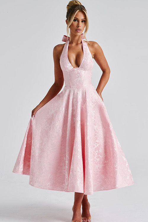 Sophisticated floral midi A-line dress with a supportive corset and elegant halter design.