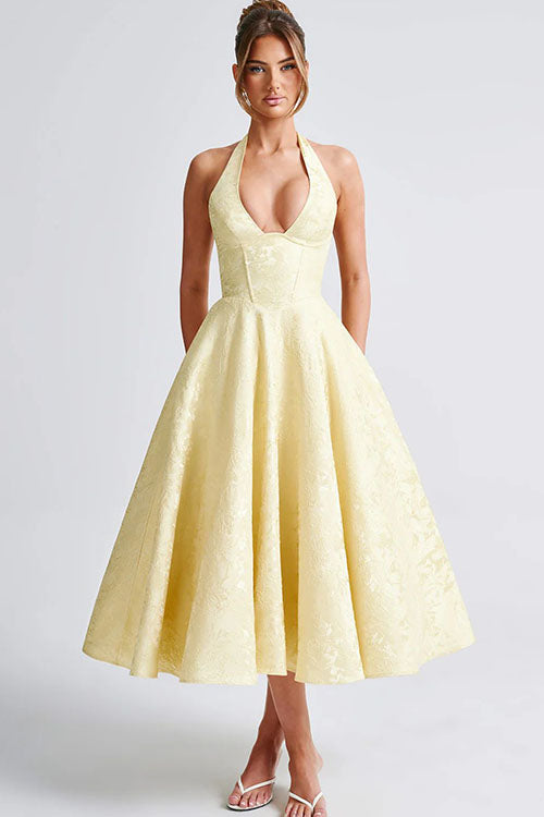Trendy floral midi dress, perfect for special occasions, featuring a halter and corset.