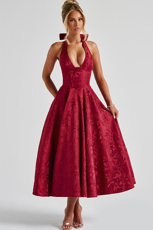 Halter neck corset midi dress with beautiful floral print, ideal for a romantic wedding.