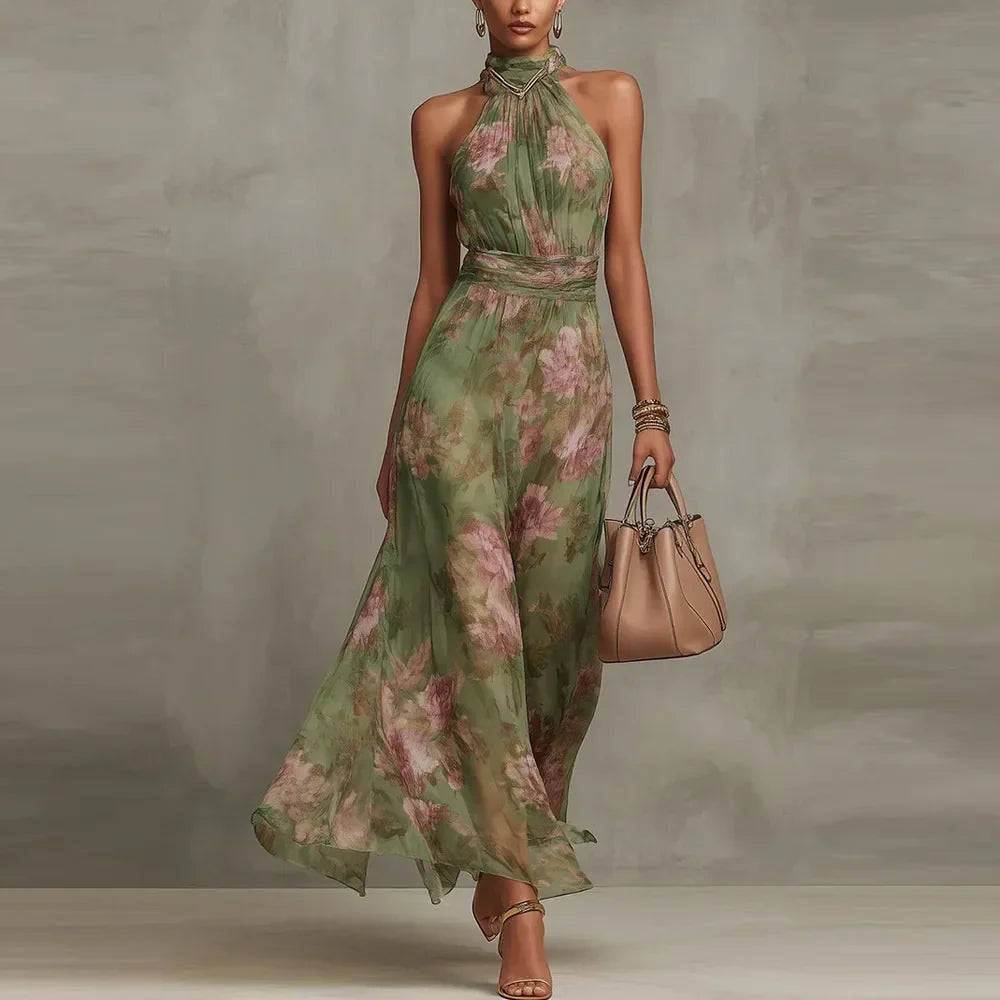 Elegant women's floral halter neck maxi dress. Perfect for summer vacations, resort wear, or a stylish party.