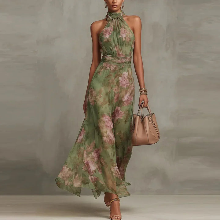 Elegant women's floral halter neck maxi dress. Perfect for summer vacations, resort wear, or a stylish party.