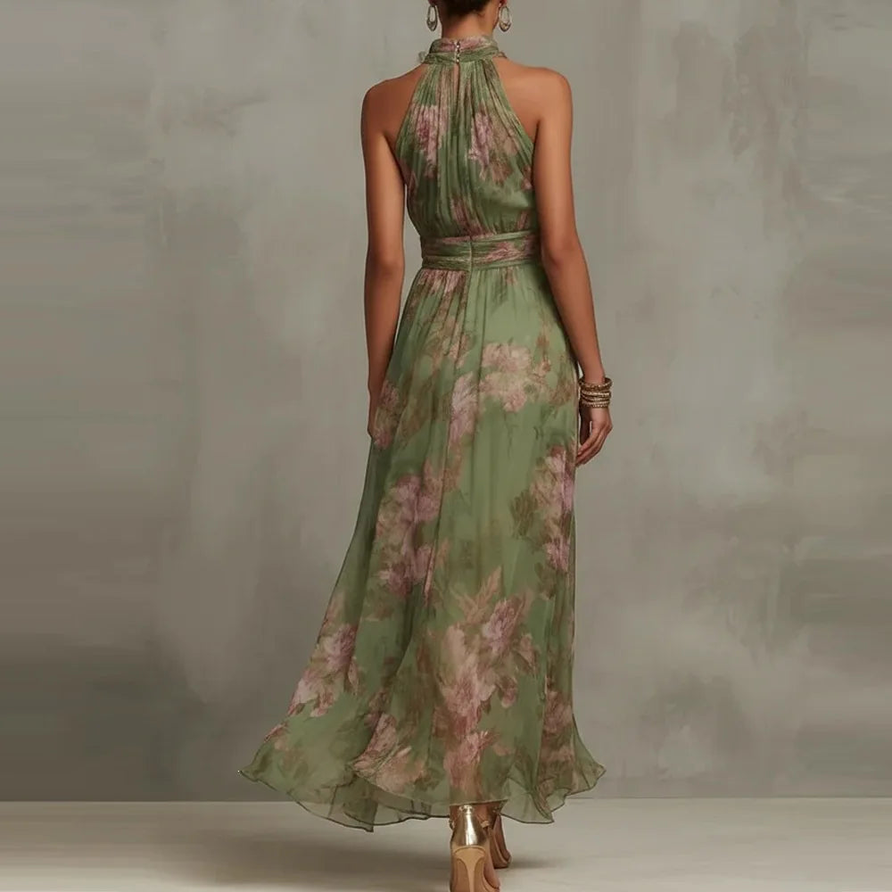Bohemian floral halter neck maxi dress for women. Flowy summer elegance, ideal for beach, vacation, or resort.