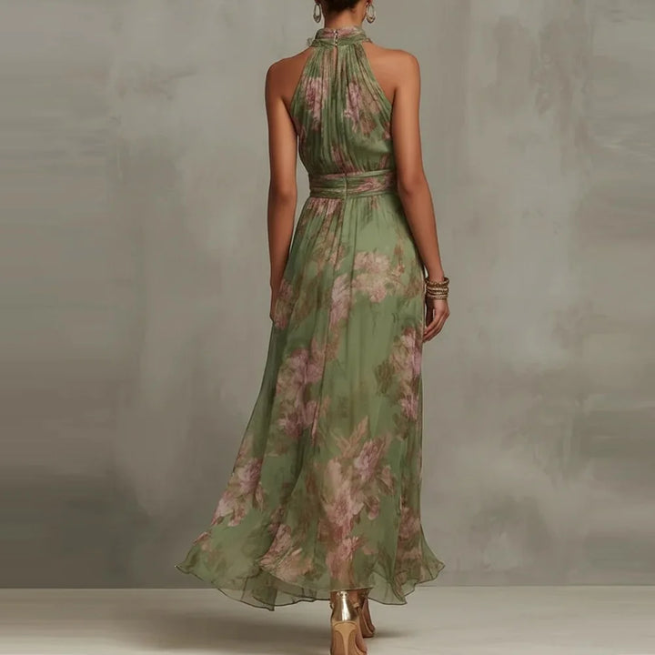 Bohemian floral halter neck maxi dress for women. Flowy summer elegance, ideal for beach, vacation, or resort.