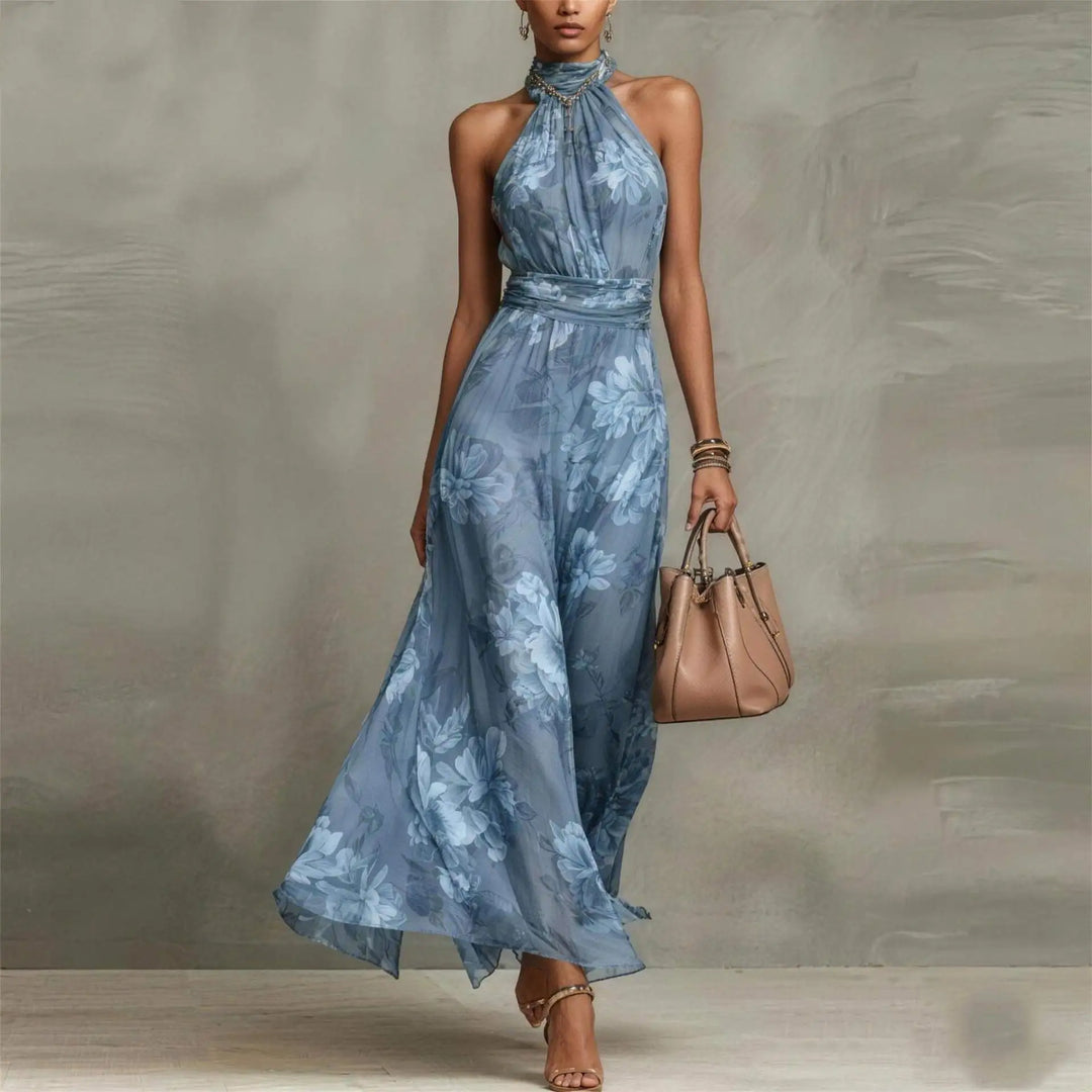 Vibrant floral halter neck maxi dress for women. Embrace summer elegance & vacation style with this flowy design.