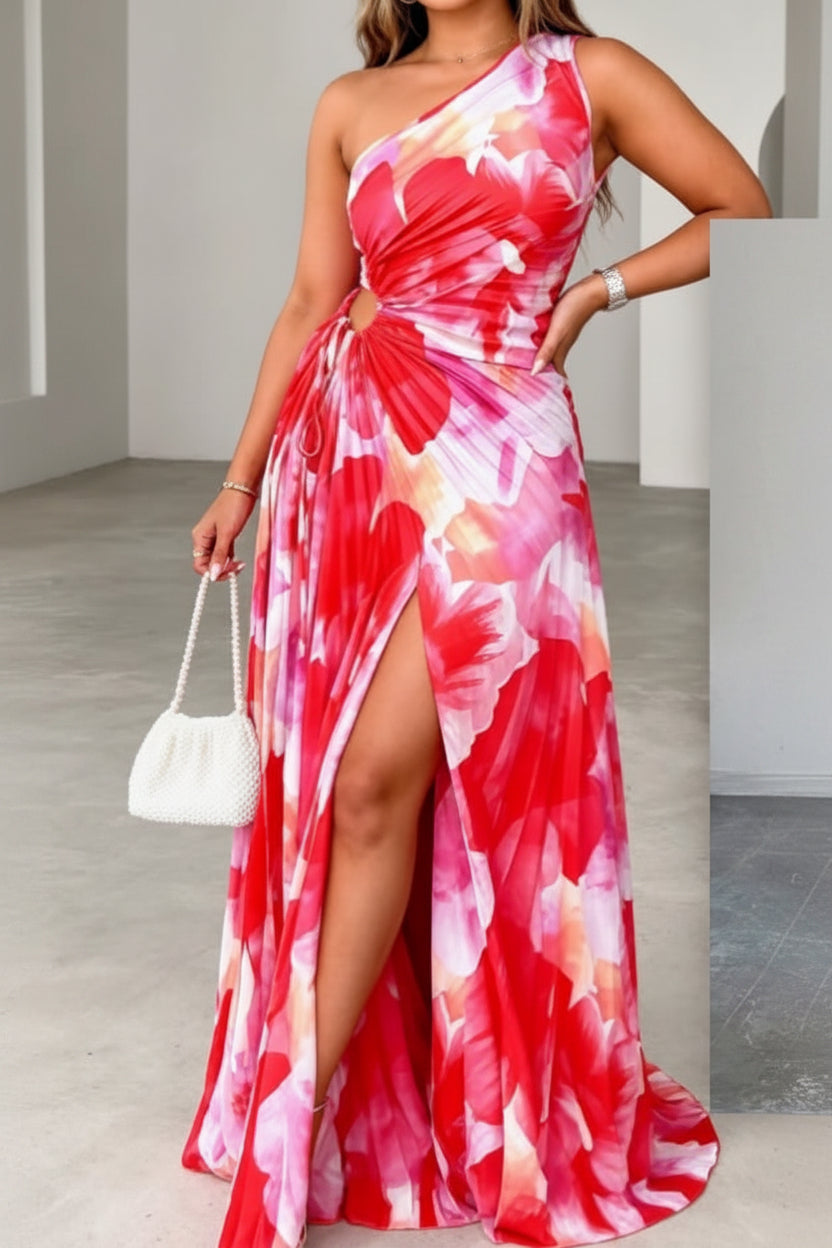 Elegant women's floral halter neck maxi dress with a keyhole detail, perfect for summer parties & vacations.