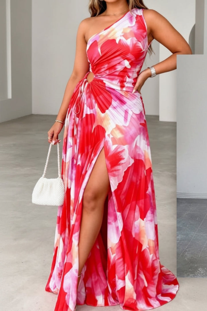 Elegant women's floral halter neck maxi dress with a keyhole detail, perfect for summer parties & vacations.