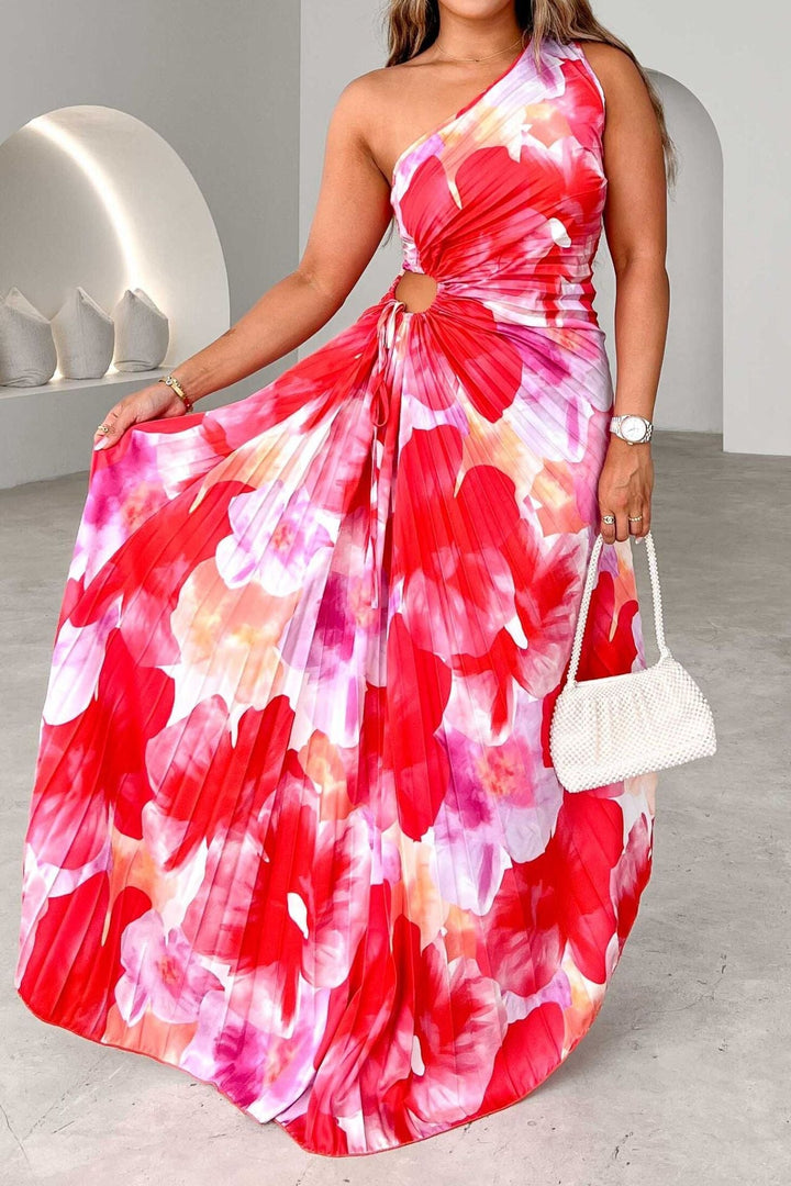 Stylish women's long floral maxi dress, featuring a chic halter neckline and keyhole detail for elegant wear.