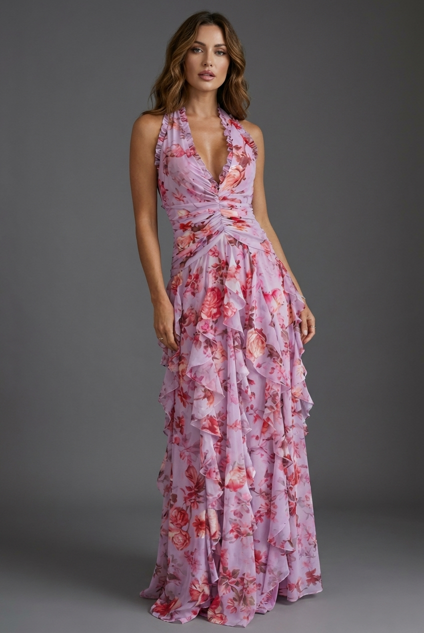 Elegant women's floral halterneck maxi dress with ruffle skirt, perfect for wedding guests or summer occasions.