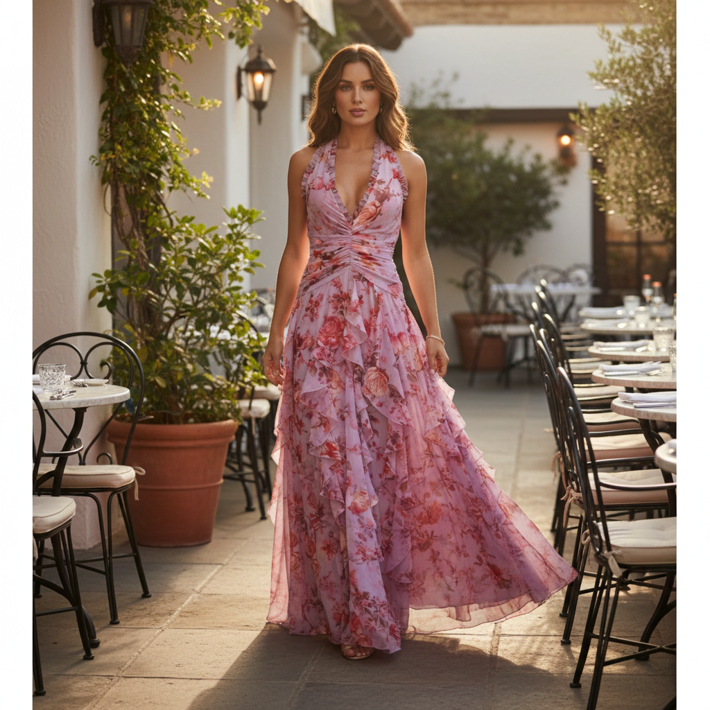 Women's elegant floral halterneck maxi dress, styled for a wedding guest; perfect for spring & summer parties.