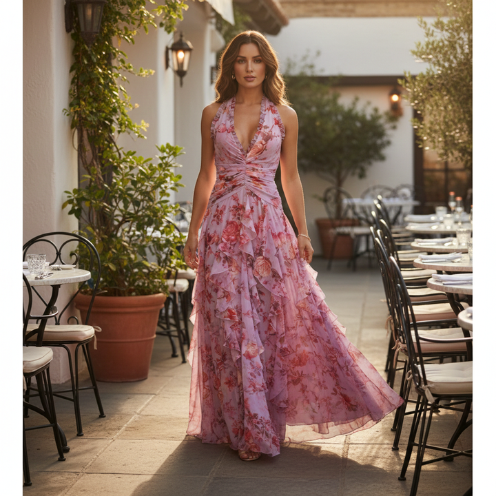 Women's elegant floral halterneck maxi dress, styled for a wedding guest; perfect for spring & summer parties.