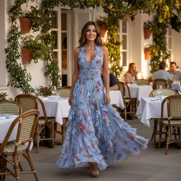 Stylish women's sleeveless floral halterneck maxi dress, perfect as an elegant wedding guest or summer party dress.