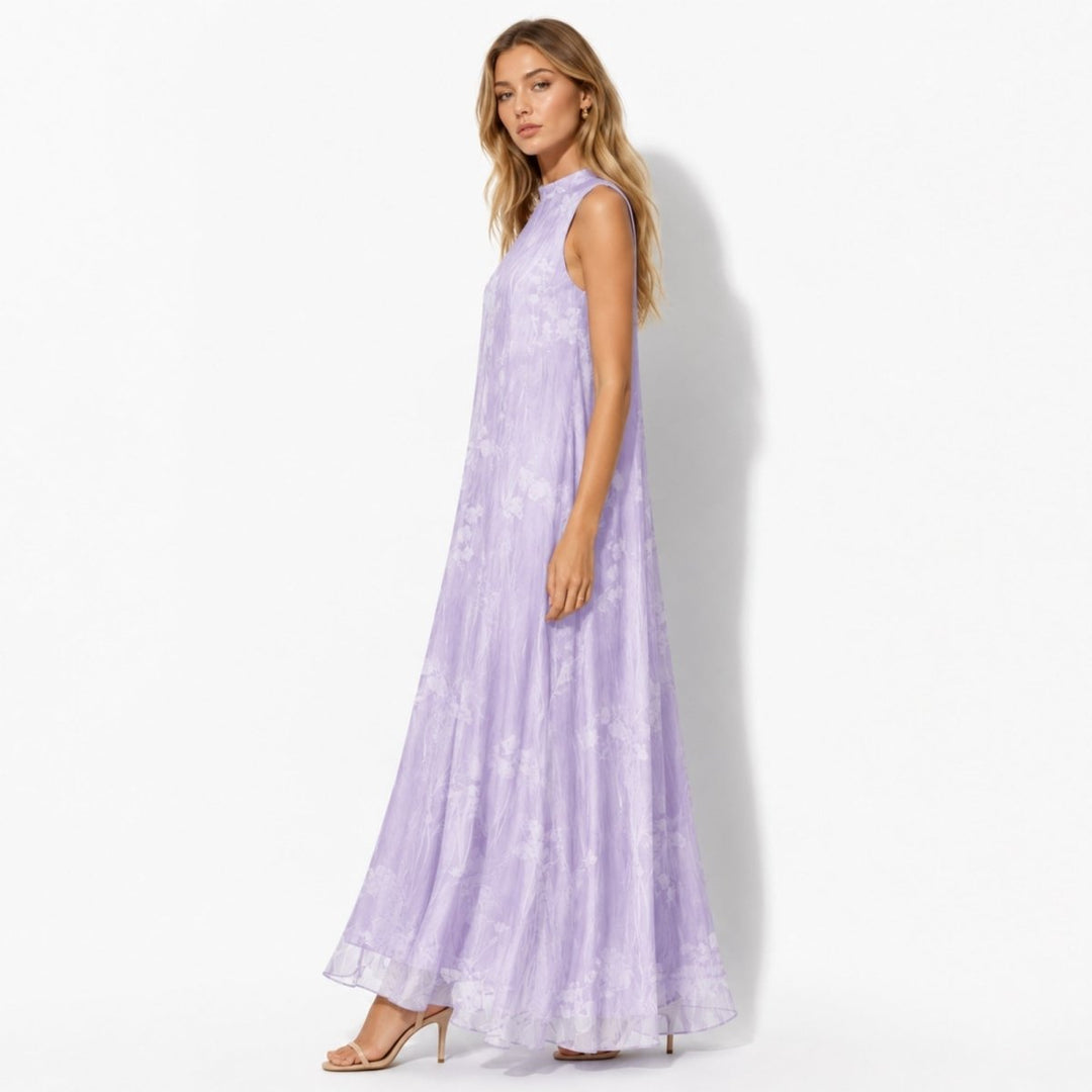 Flowy long floral maxi dress for women, featuring a chic high-neck. Ideal formal wear or evening gown.