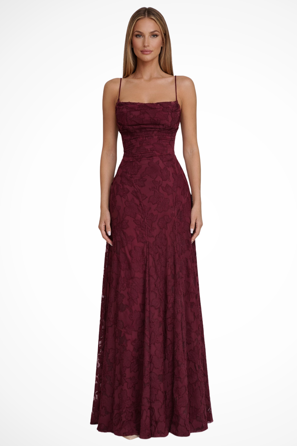 Elegant Women's Floral Jacquard Maxi Dress with stylish Lace-Up Back, perfect for special occasions.
