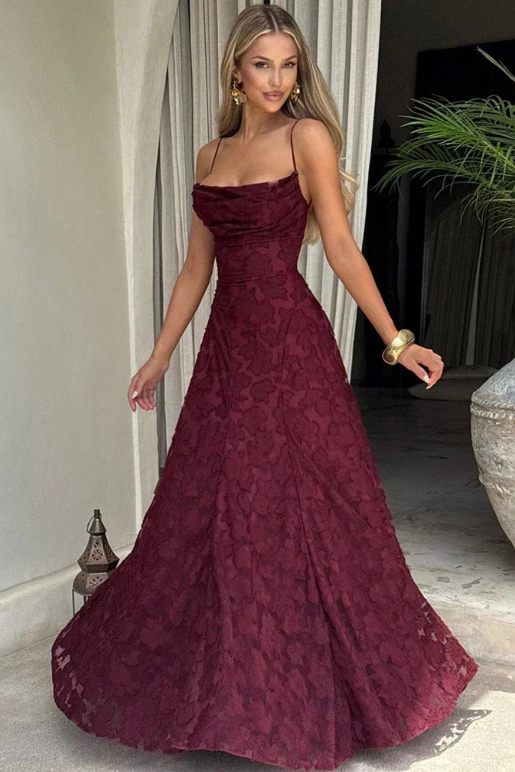 White Floral Jacquard Maxi Dress for women, featuring an elegant lace-up back and spaghetti straps.