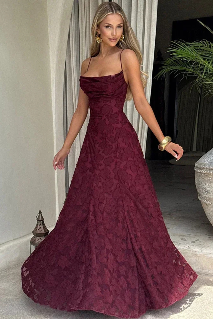 White Floral Jacquard Maxi Dress for women, featuring an elegant lace-up back and spaghetti straps.