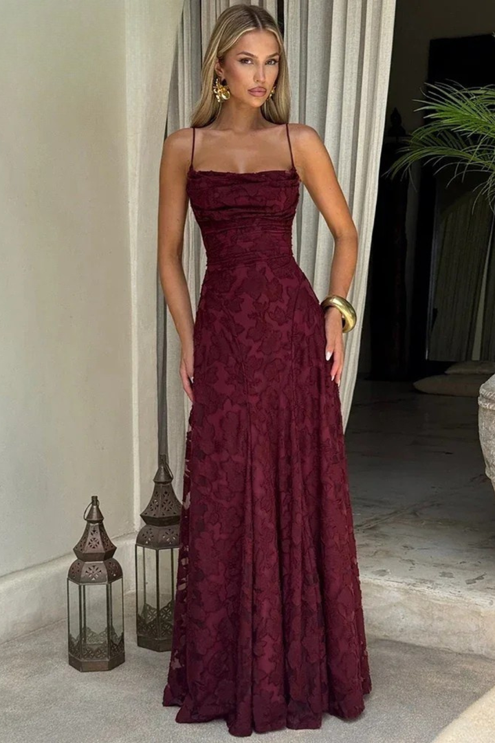 Burgundy Women's Floral Jacquard Maxi Dress. A formal evening gown with a chic lace-up back.