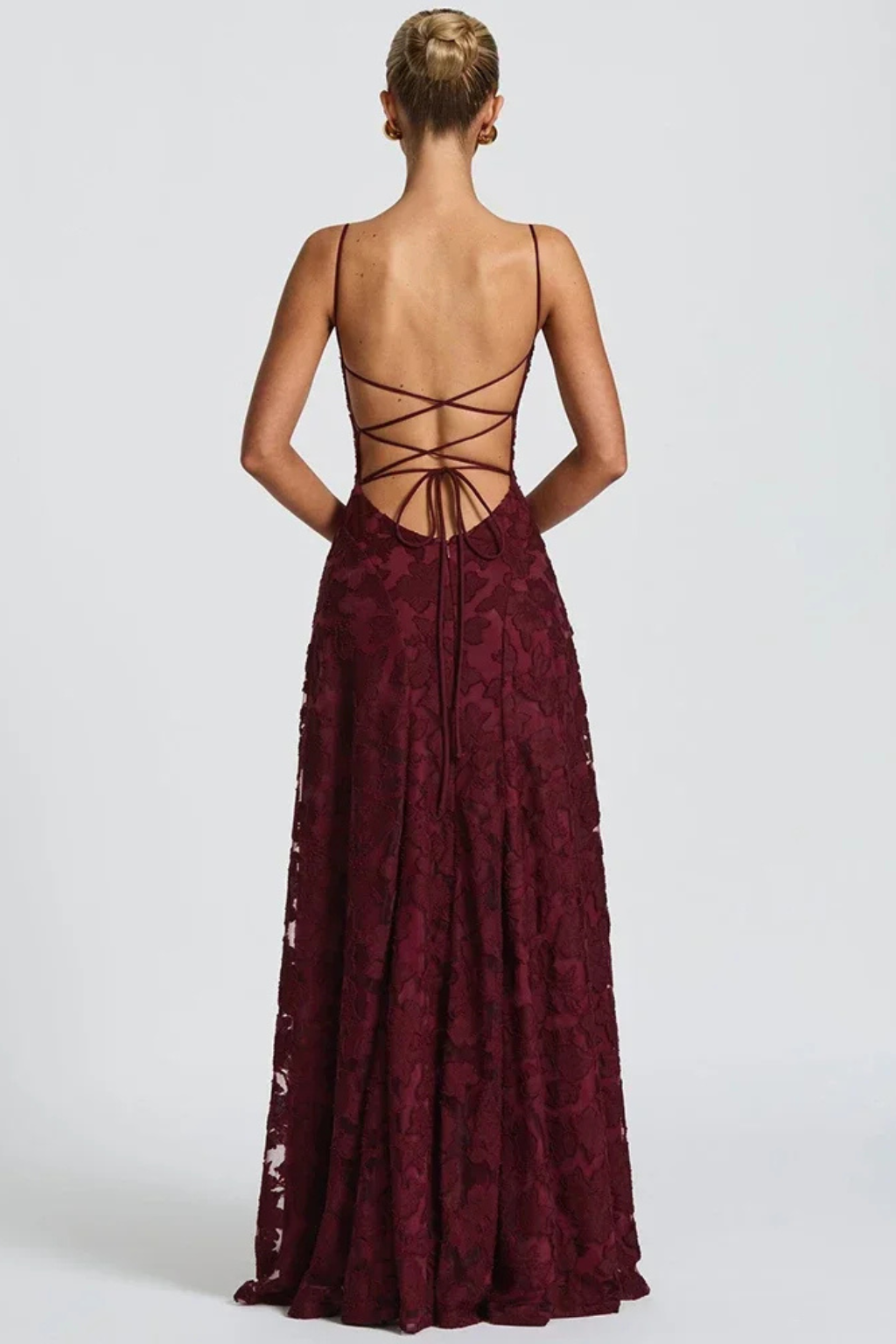 Pink Floral Jacquard Maxi Dress for women, an elegant party dress with spaghetti straps & lace-up back.