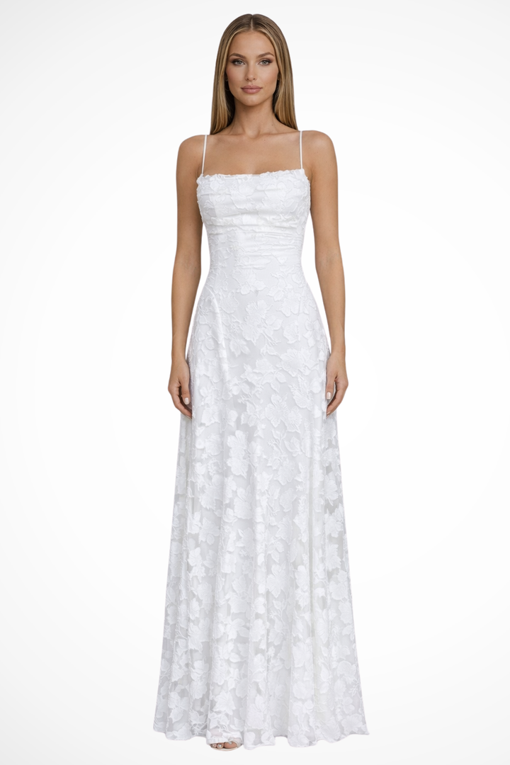 Formal Women's Floral Jacquard Maxi Dress, an elegant evening gown with a beautiful lace-up back.