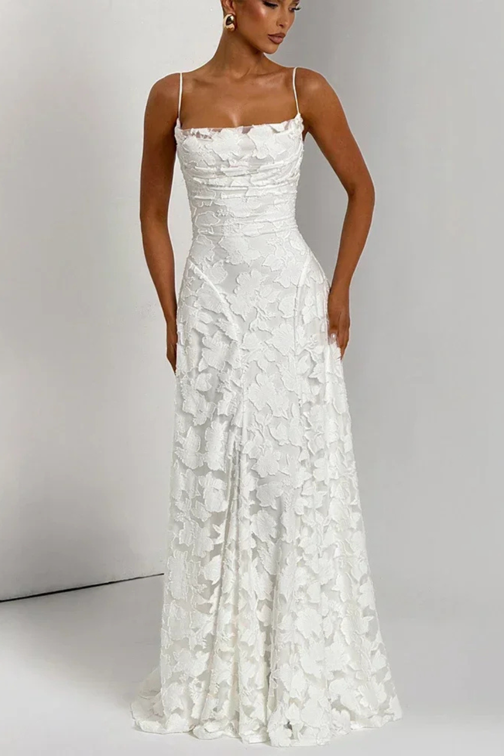 Women's Floral Jacquard Maxi Dress. Elegant design with a captivating lace-up back, great for parties.