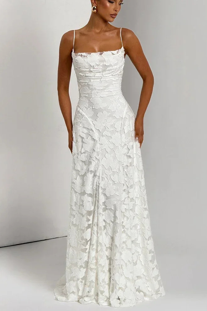 Women's Floral Jacquard Maxi Dress. Elegant design with a captivating lace-up back, great for parties.