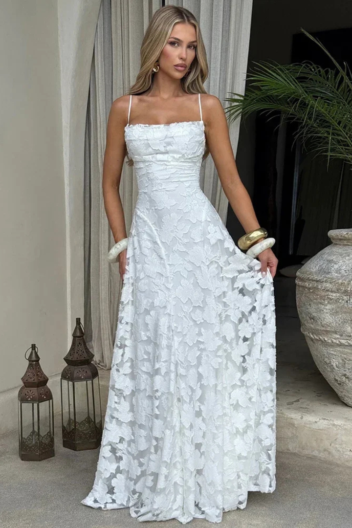Beautiful Floral Jacquard Maxi Dress for women. A luxurious formal gown with delicate lace-up back.