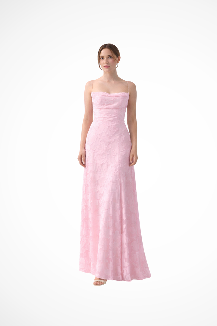 Women's elegant Floral Jacquard Maxi Dress with a chic lace-up back, ideal for evening wear.