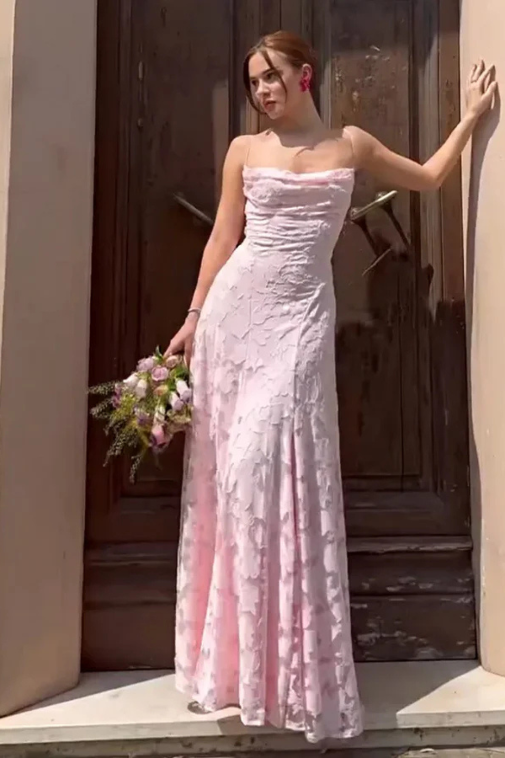 White Floral Jacquard Spaghetti Strap Maxi Dress for women, elegant party wear with lace-up back.