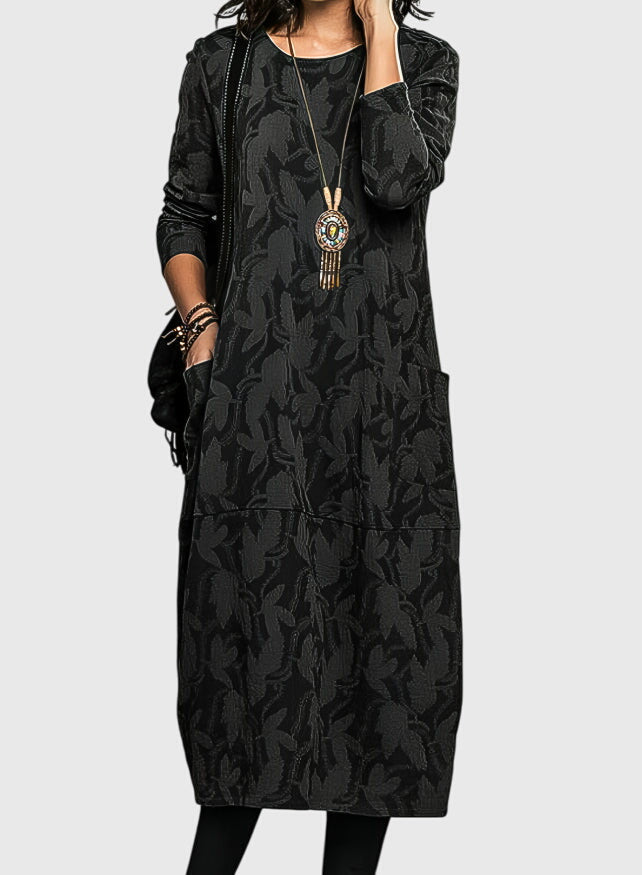 Versatile women's floral jacquard midi dress with pockets, offering effortless style for casual or dressy occasions.