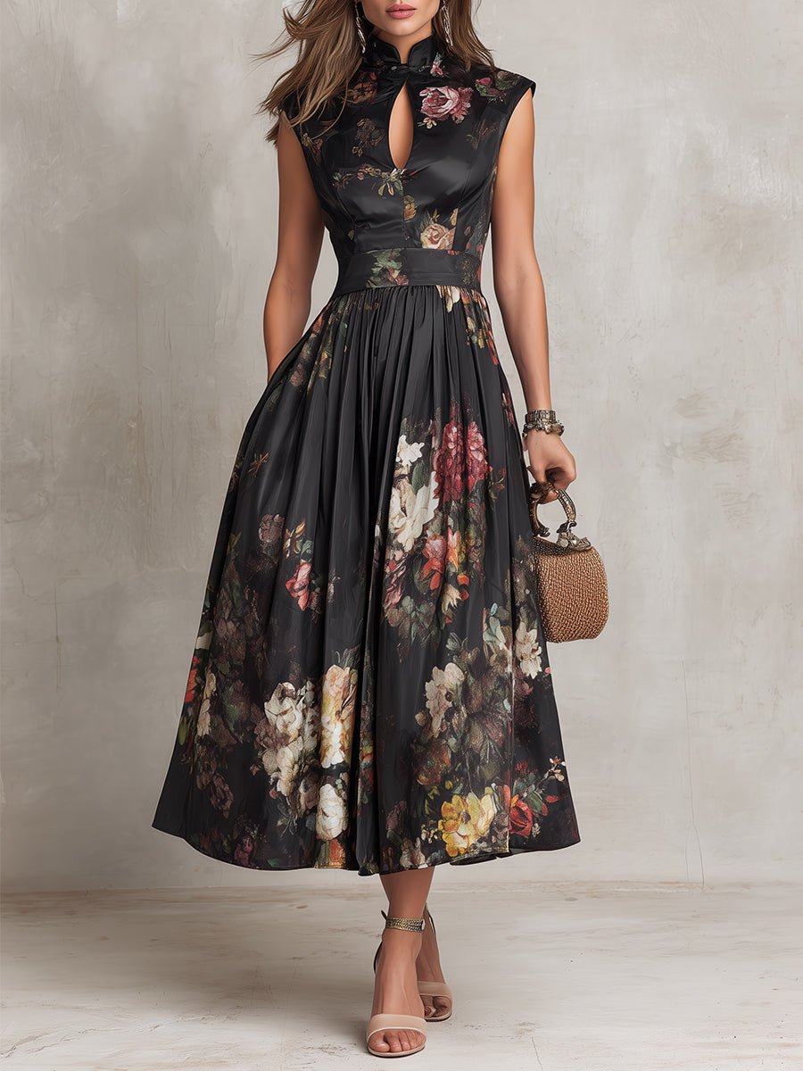 Elegant women's floral keyhole A-line midi dress, perfect for wedding guests or cocktail parties.