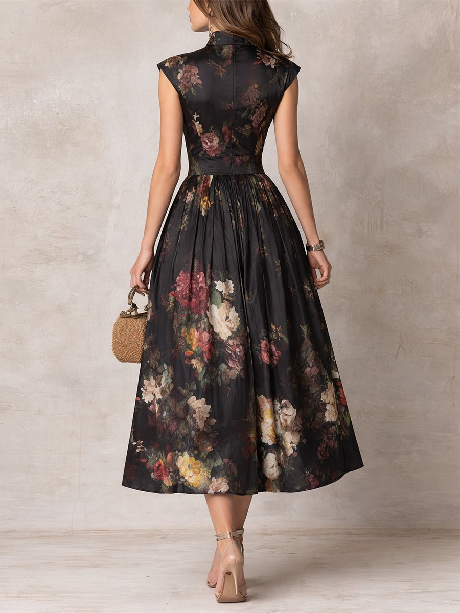 Sleeveless floral A-line midi dress with keyhole detail, ideal for formal events & special occasions.