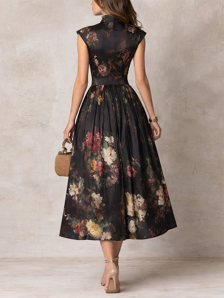 Sleeveless floral A-line midi dress with keyhole detail, ideal for formal events & special occasions.