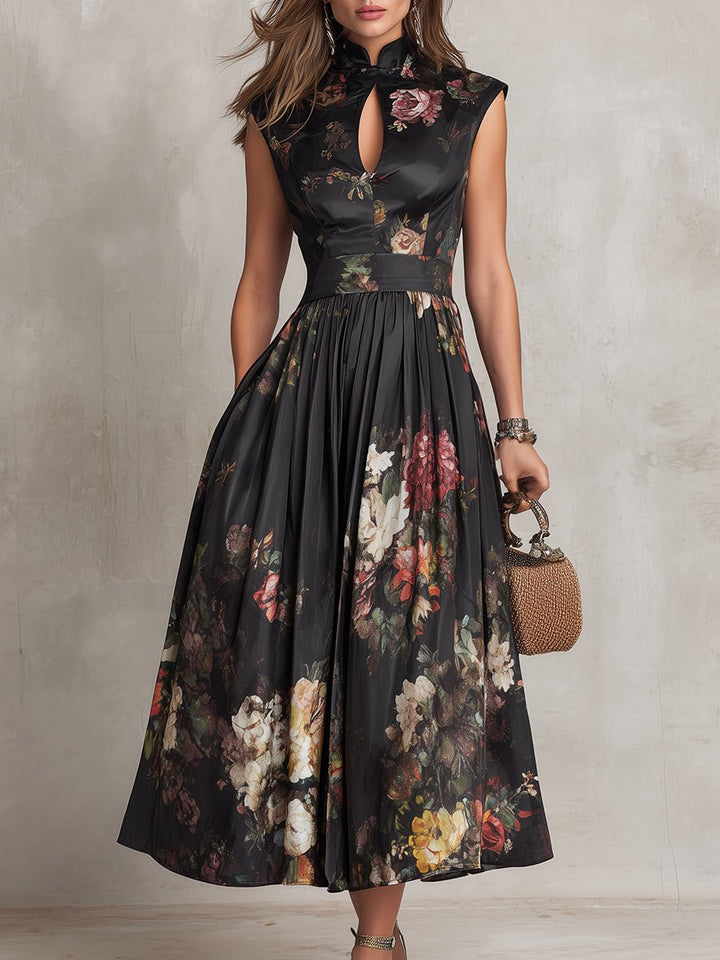 Chic floral midi dress for women, A-line cut & keyhole, suitable for parties, weddings & elegant events.