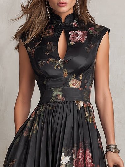 Stunning floral A-line midi dress for wedding guests. Features a stylish keyhole and sleeveless design.