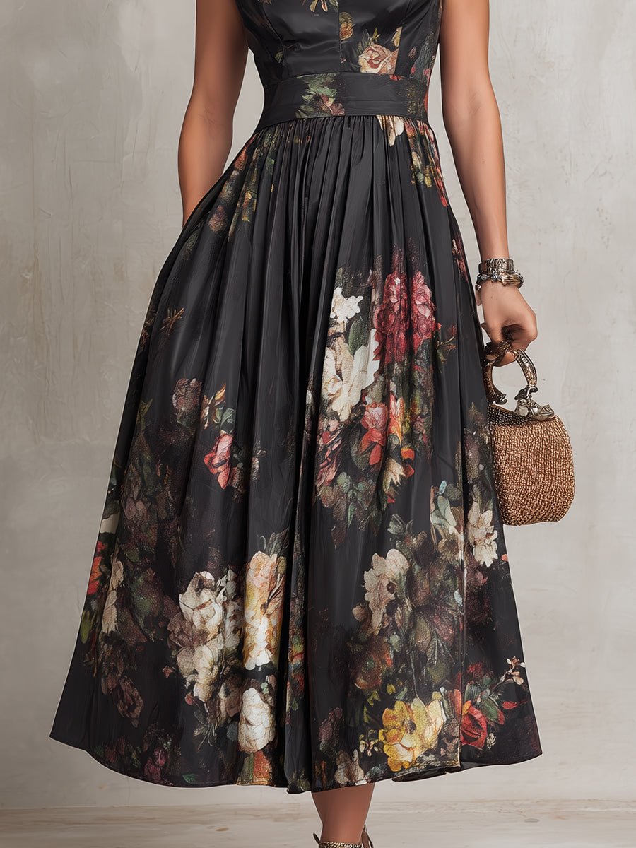 Fashionable women's floral keyhole midi dress, A-line silhouette, perfect as a party or formal occasion dress.