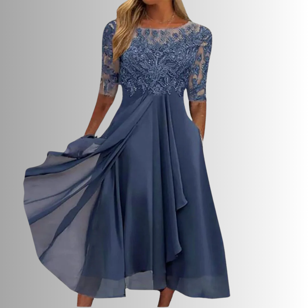 Elegant women's floral lace midi dress for special occasions. Perfect for formal events & parties.