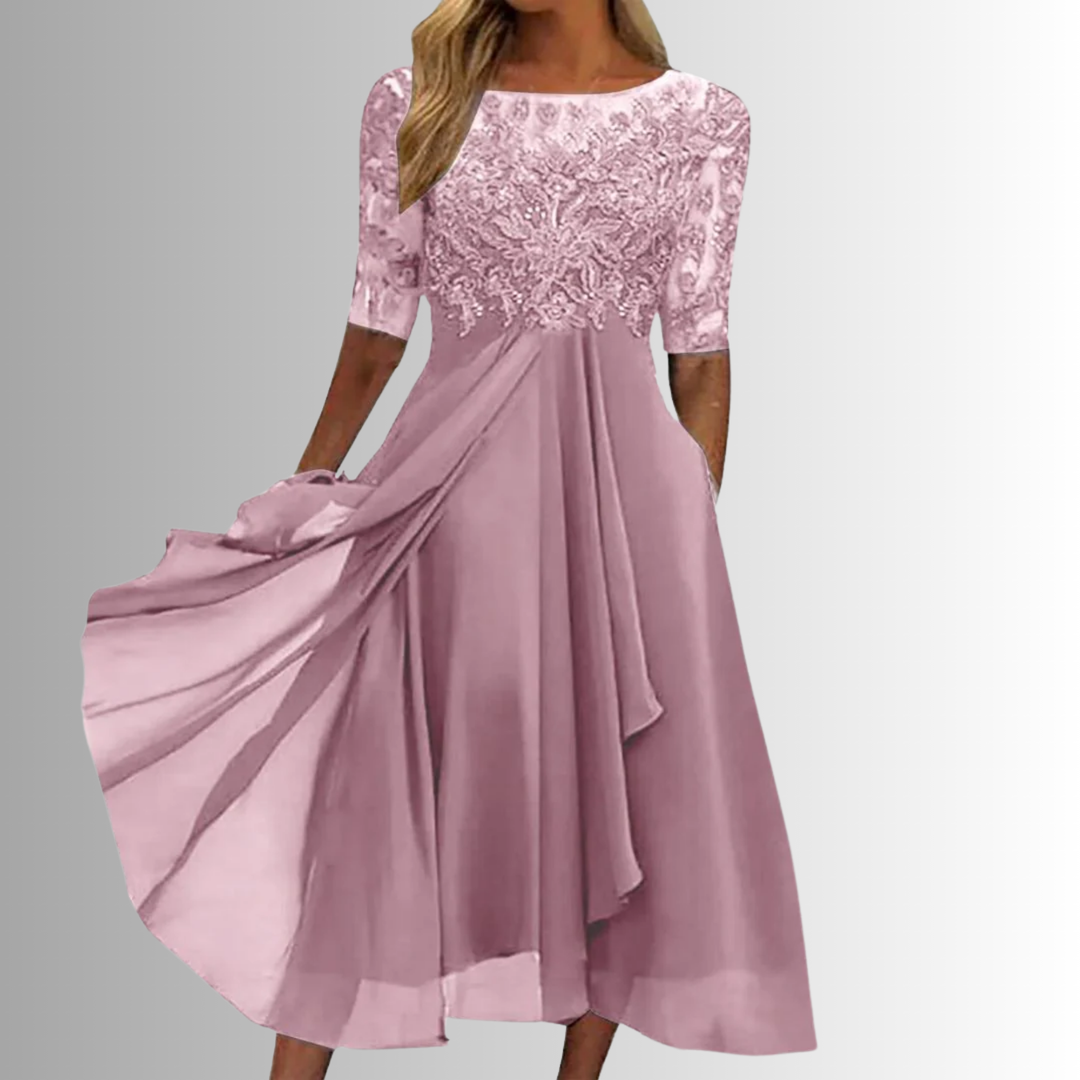Chic women's midi dress with intricate floral lace, ideal for evening wear and formal gatherings.