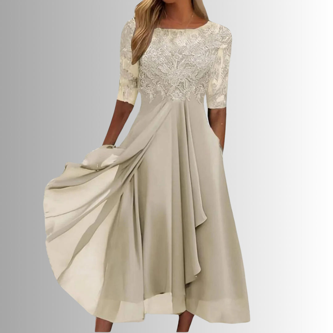Formal women's floral lace midi dress. Elegant design for weddings, galas & sophisticated events.