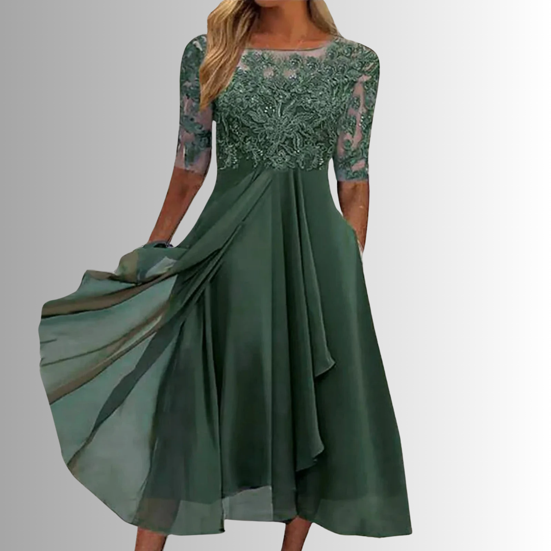 Sophisticated women's floral lace midi dress. A chic and flattering option for any special occasion.