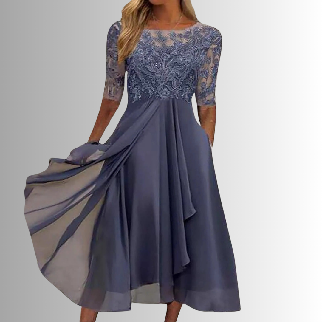 Beautiful women's floral lace midi party dress, an elegant choice for evening and formal wear.