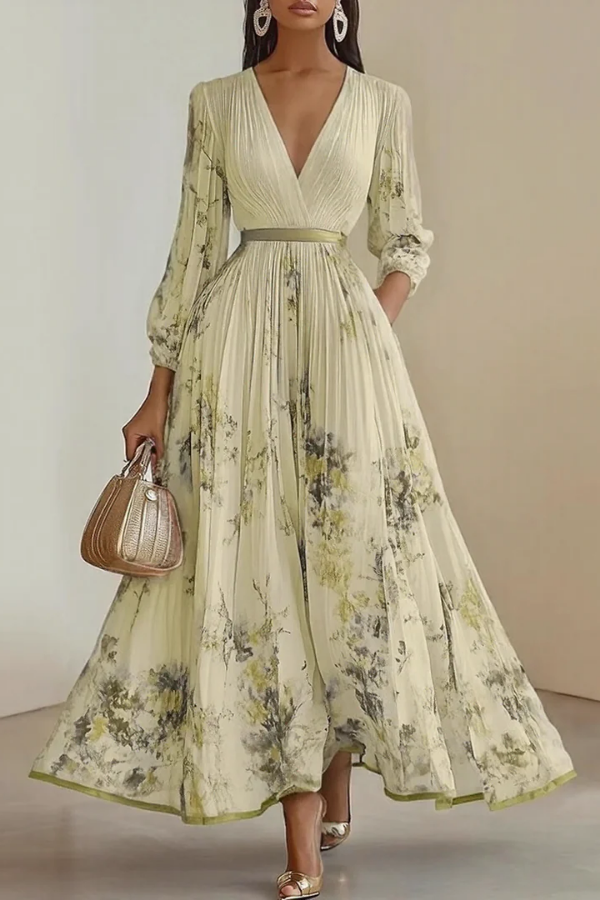 Women's V-neck floral long sleeve maxi dress, an elegant flowy option for casual or party events.