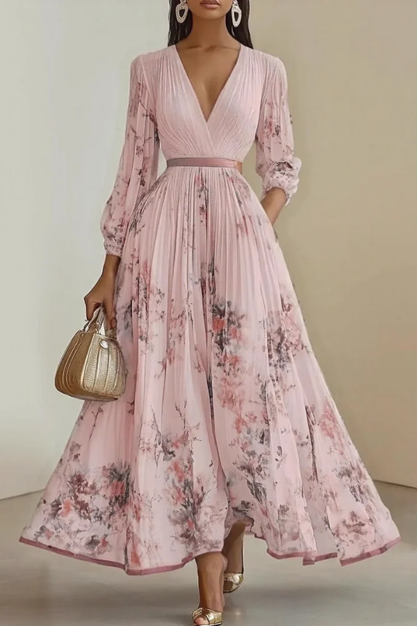 Elegant women's floral print long sleeve maxi dress. Comfortable, flowy design with adjustable waist.