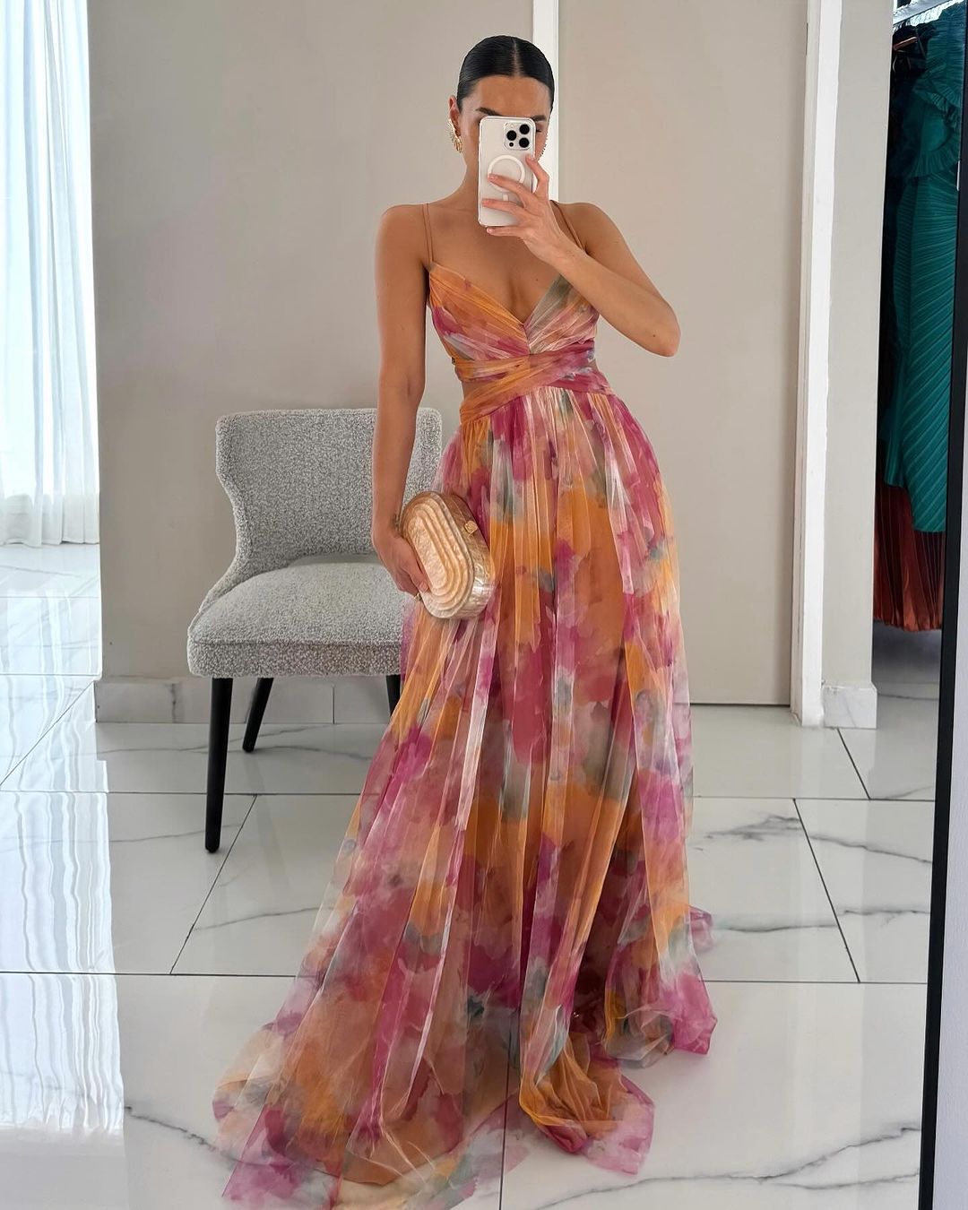 Elegant women's floral maxi dress. Flowing romantic gown, perfect for special occasions & evening wear.