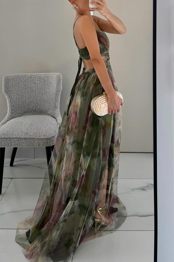Romantic floral sleeveless maxi gown. Elegant evening wear for women, ideal for special occasion parties.