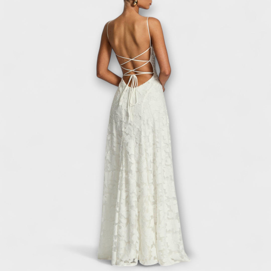 Women's A-line floral maxi dress with spaghetti straps, ideal for romantic special occasions.