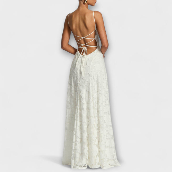 Women's A-line floral maxi dress with spaghetti straps, ideal for romantic special occasions.