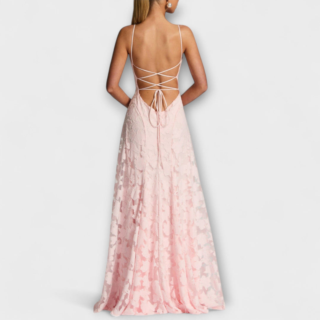 Red women's floral design maxi dress, an elegant party & wedding guest outfit for special events.