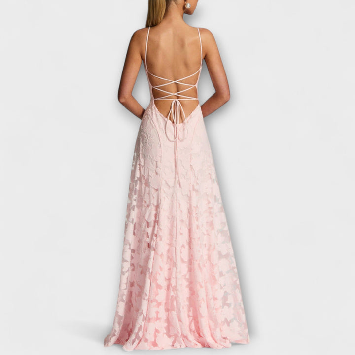 Red women's floral design maxi dress, an elegant party & wedding guest outfit for special events.