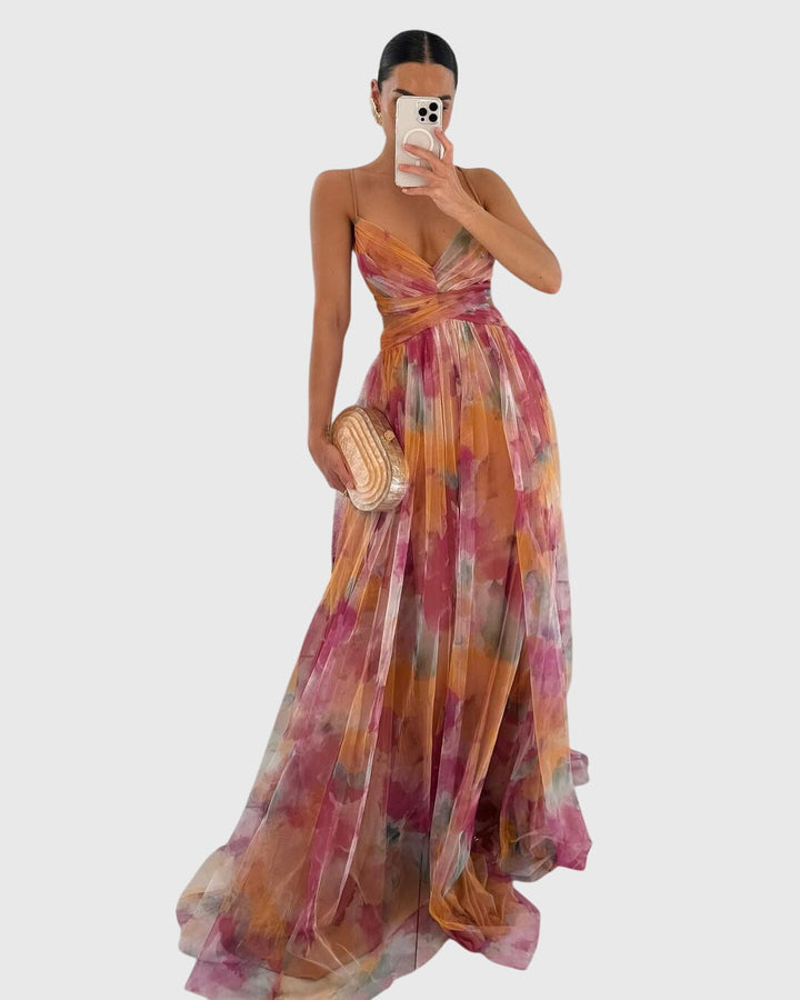 Elegant women's floral maxi dress with adjustable straps, perfect for summer vacations & beach wear.
