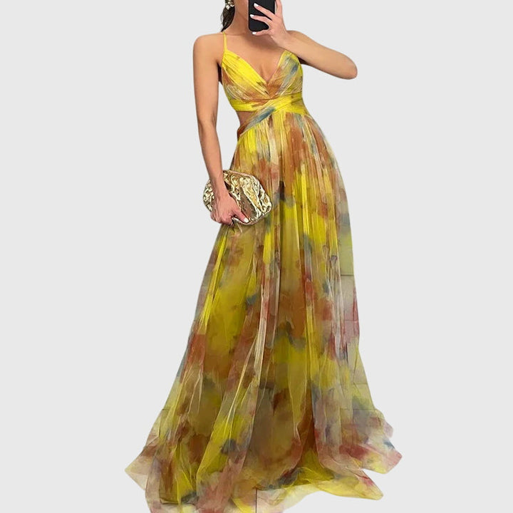 Graceful women's floral maxi dress, ideal as a beach dress, summer dress, or elegant vacation wear.