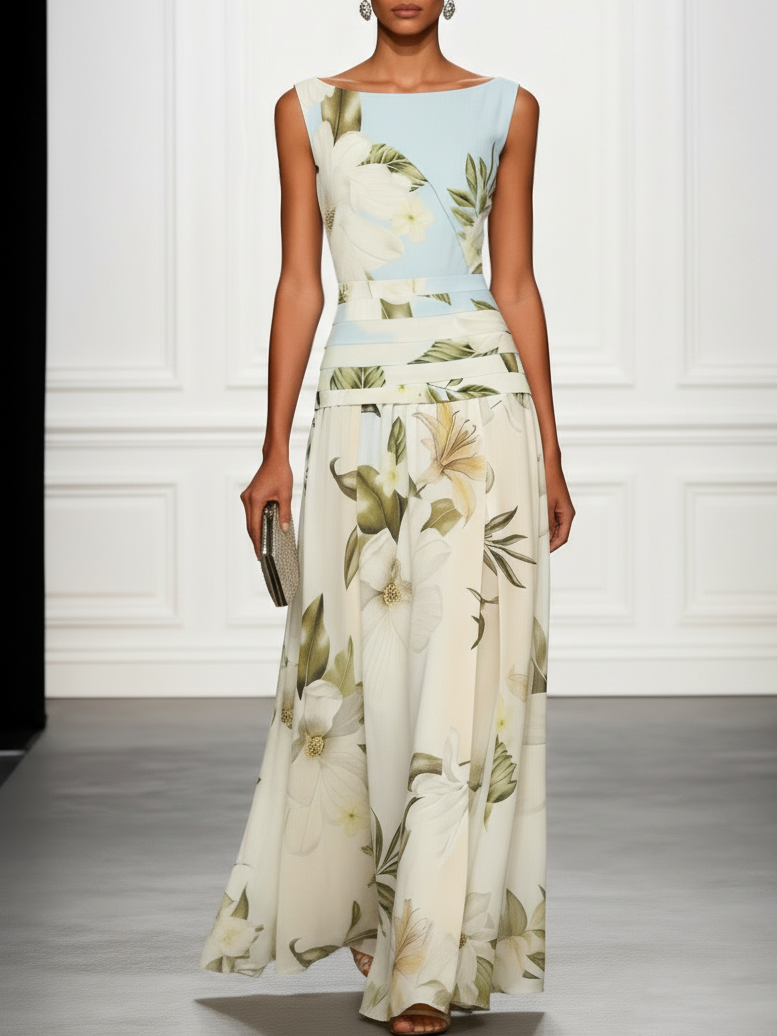 Elegant women's floral maxi dress with boat neck and A-line silhouette, perfect for wedding guests.